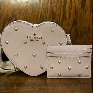 NWT-Kate Spade-SET-Love Shack Mini Heart Crossbody & Cardholder-Lilac-Faux Pearl